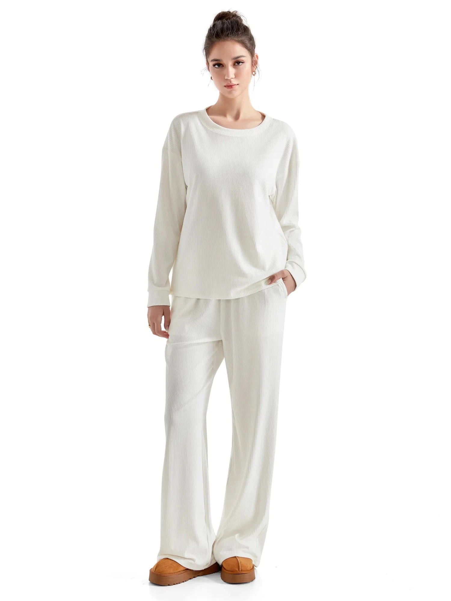 Ribbed Pajama Set-SUUKSESS-Beige-S-SUUKSESS