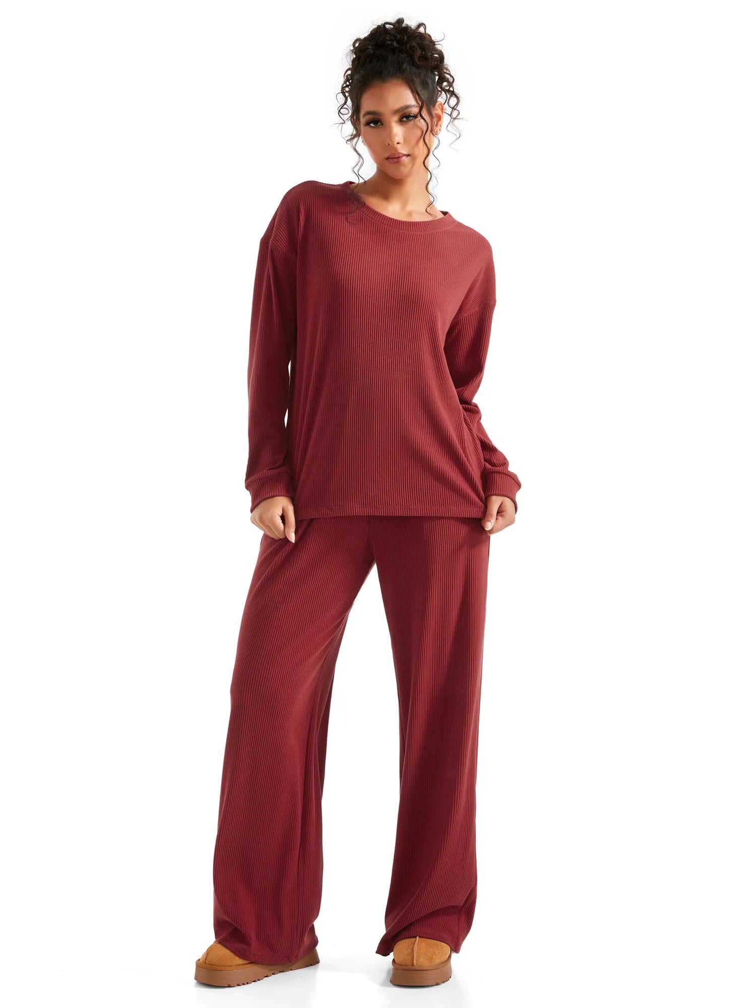 Ribbed Pajama Set-SUUKSESS-Red-S-SUUKSESS