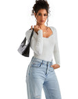 Ribbed Lace V Neck Shirt - Long Sleeve-SUUKSESS-White-XS-SUUKSESS