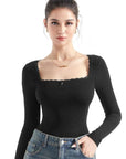 Ribbed Lace Square Neck Shirt - Long Sleeve-SUUKSESS-Black-XS-SUUKSESS