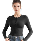 Ribbed Henley Crew Neck Shirt - Long Sleeve-SUUKSESS-Black-XS-SUUKSESS