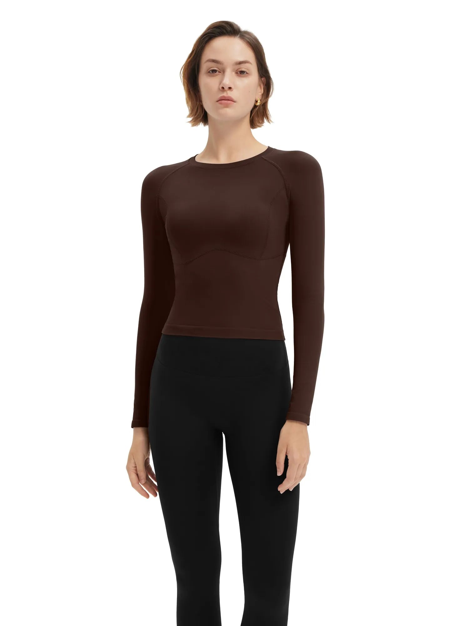 SUUKSESS Women Seamless Workout Long Sleeve Shirts Gym Athletic Running Yoga Tops-SUUKSESS-Brown-XS-SUUKSESS