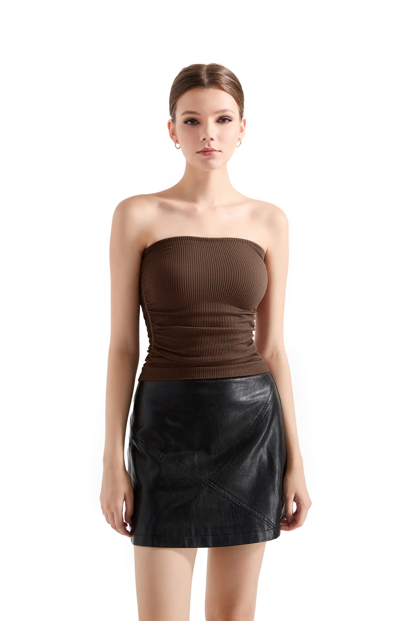 Ribbed Ruched Tube Top-SUUKSESS-Brown-XS-SUUKSESS