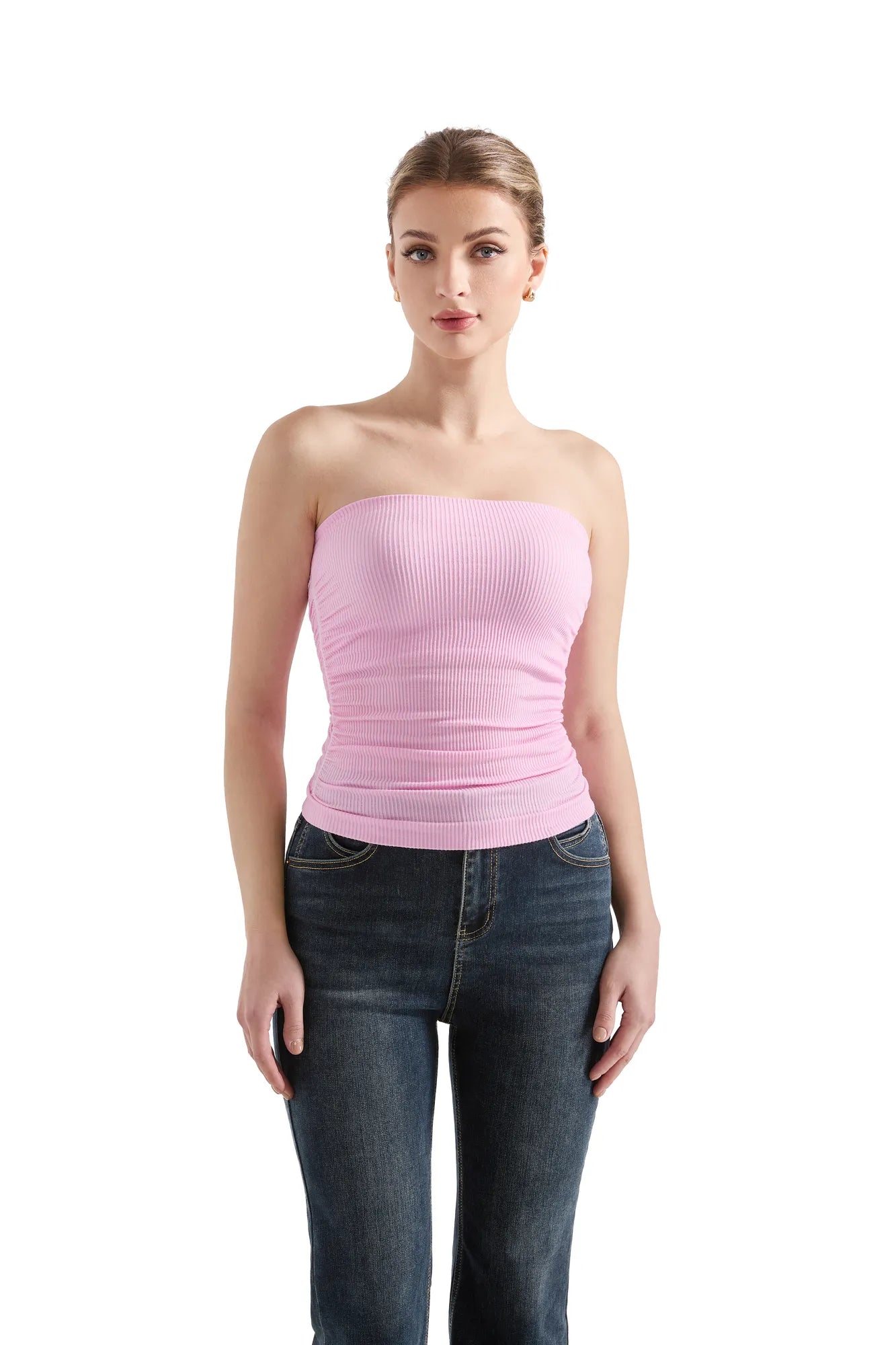 Ribbed Ruched Tube Top-SUUKSESS-Pink-XS-SUUKSESS