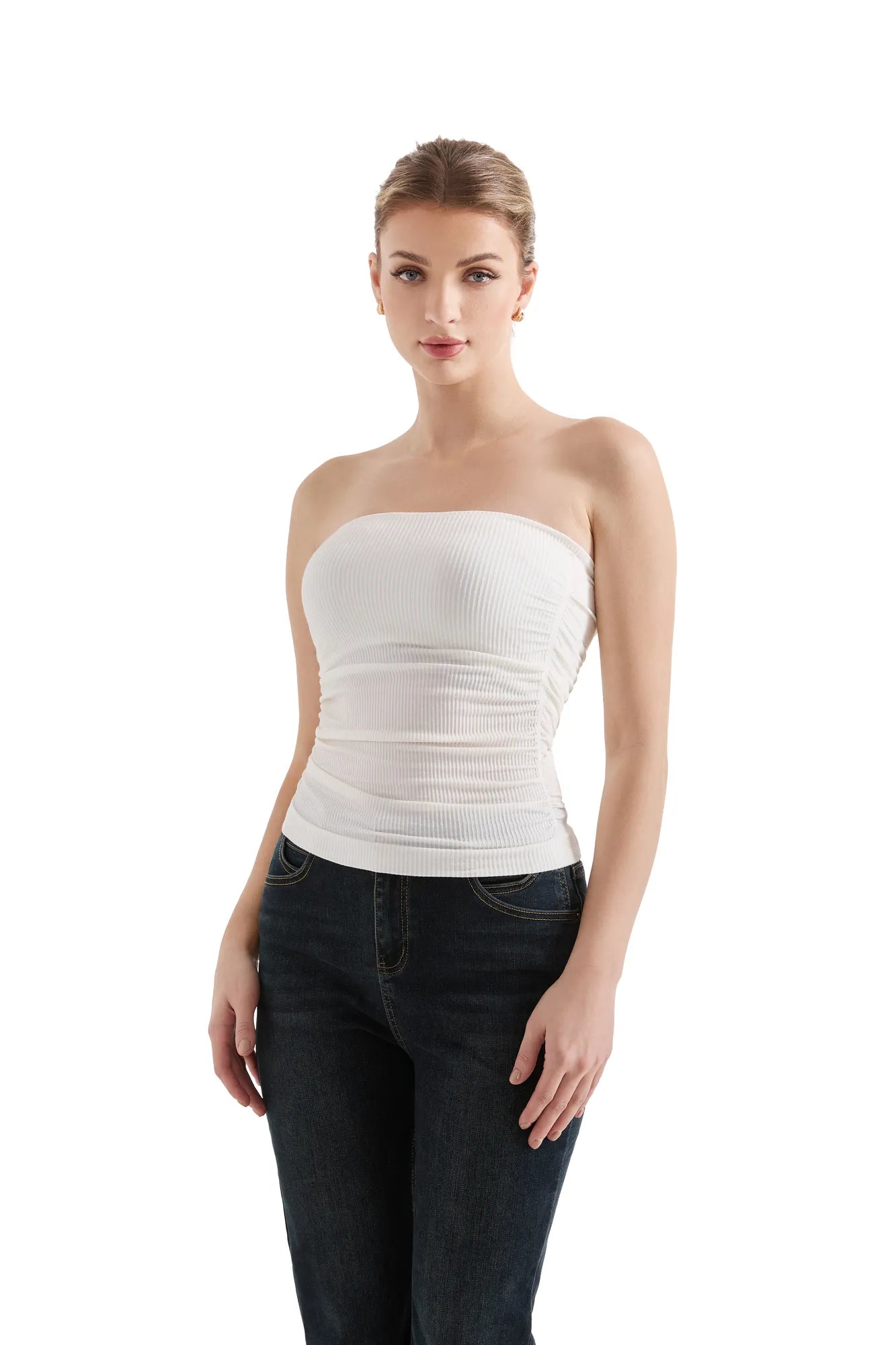 Ribbed Ruched Tube Top-SUUKSESS-White-XS-SUUKSESS