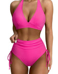 SUUKSESS Women Ribbed High Waist Bikini Sexy Drawstring Tummy Control Swimsuits-Swimwear-SUUKSESS-Hot Pink-S-SUUKSESS