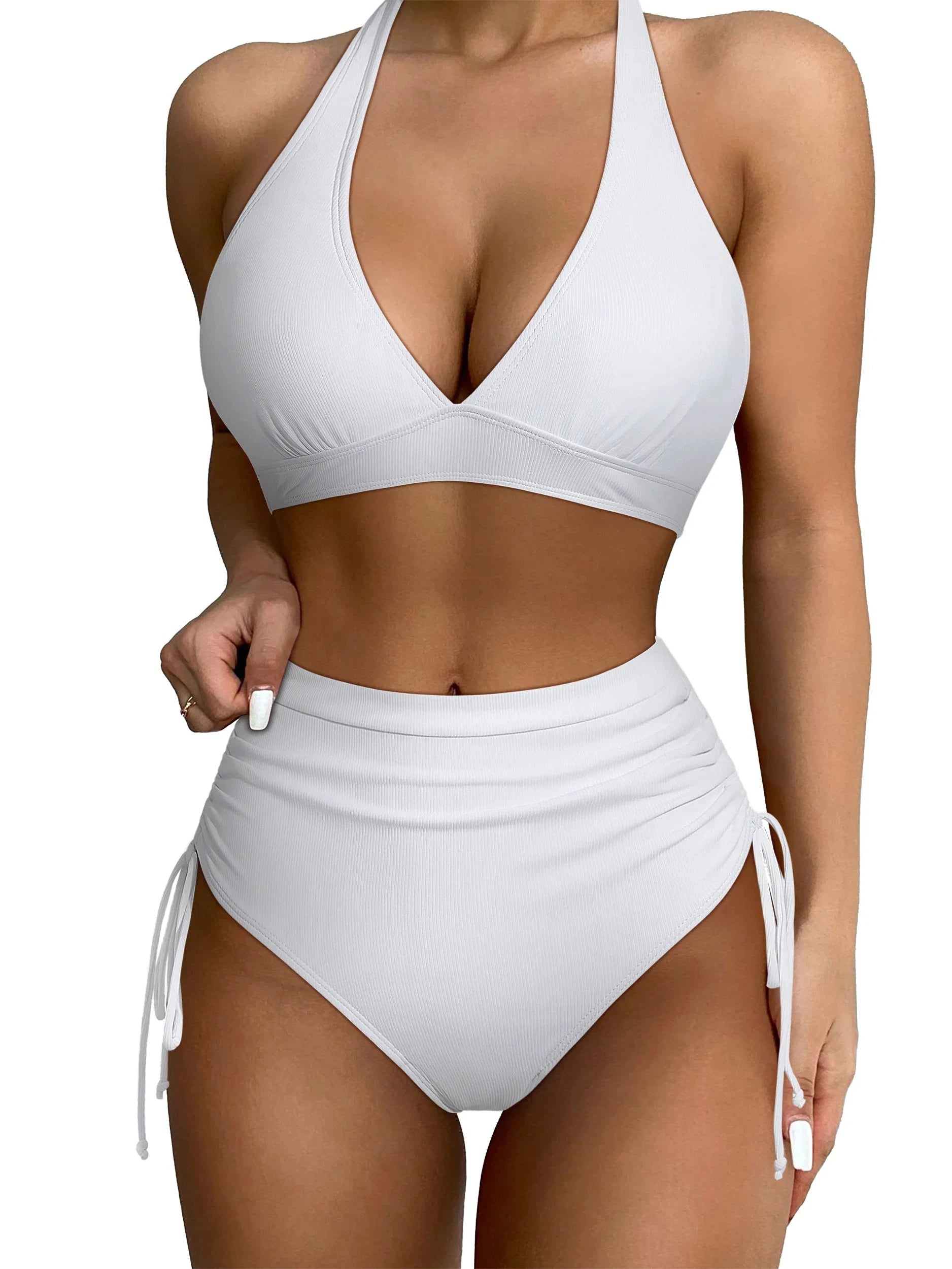 SUUKSESS Women Ribbed High Waist Bikini Sexy Drawstring Tummy Control Swimsuits-Swimwear-SUUKSESS-White-S-SUUKSESS