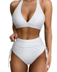 SUUKSESS Women Ribbed High Waist Bikini Sexy Drawstring Tummy Control Swimsuits-Swimwear-SUUKSESS-White-S-SUUKSESS