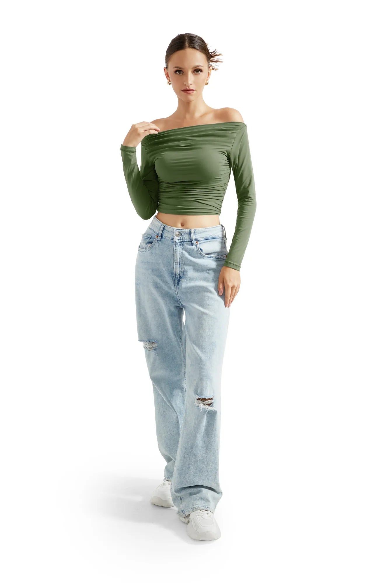 Buttery Soft Ruched Off Shoulder Shirt - Long Sleeve