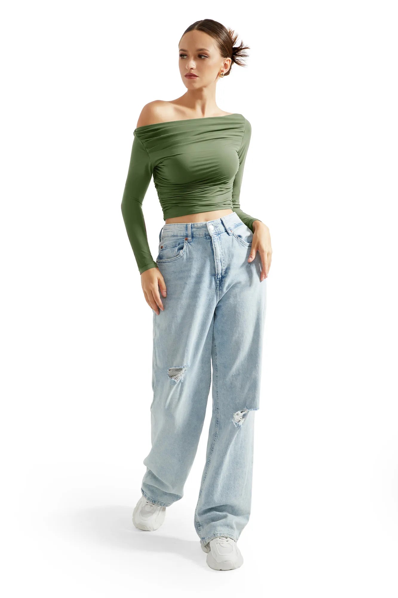 Buttery Soft Ruched Off Shoulder Shirt - Long Sleeve