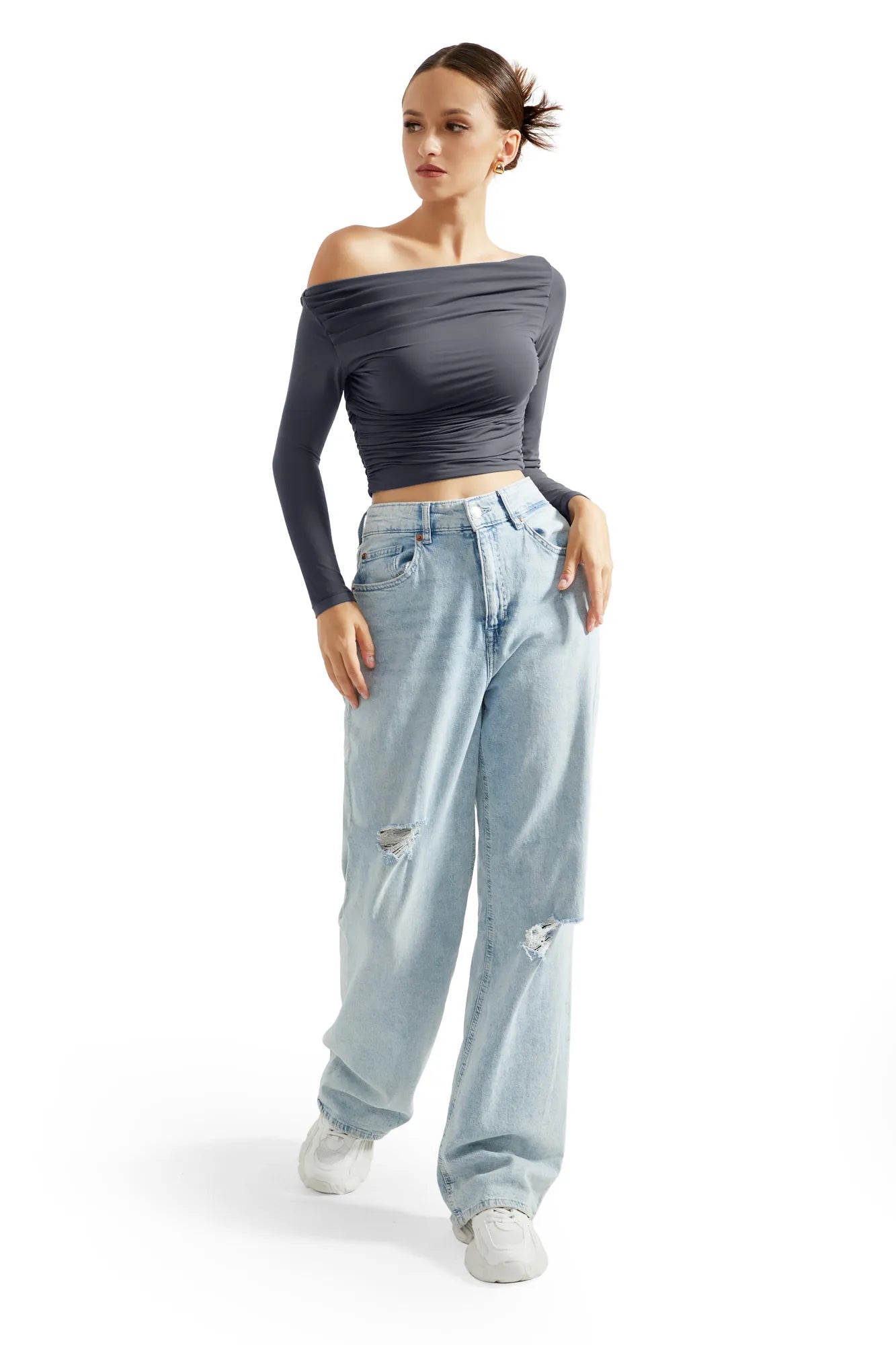 Buttery Soft Ruched Off Shoulder Shirt - Long Sleeve