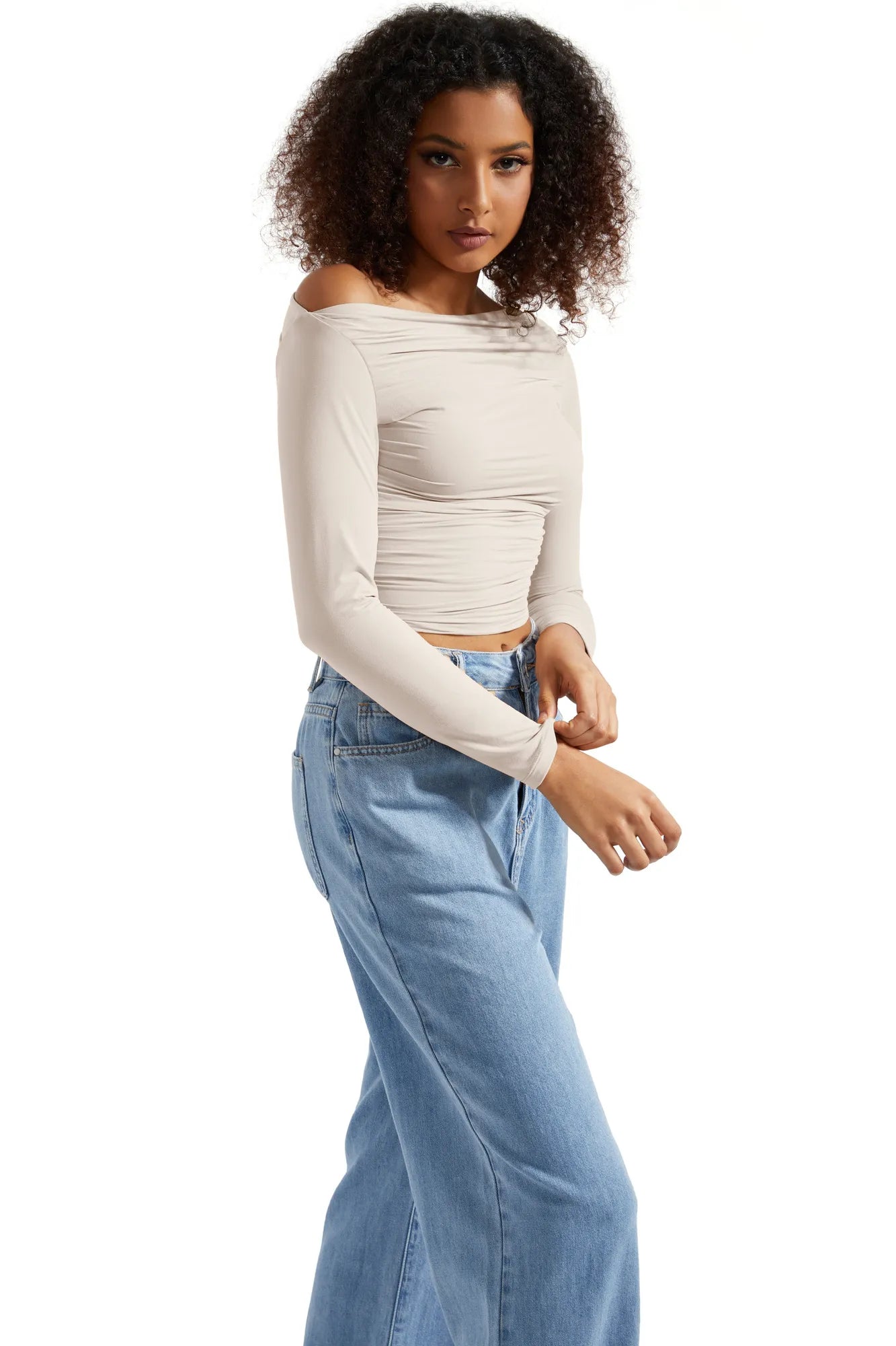 Buttery Soft Ruched Off Shoulder Shirt - Long Sleeve