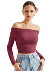 Buttery Soft Ruched Off Shoulder Shirt - Long Sleeve