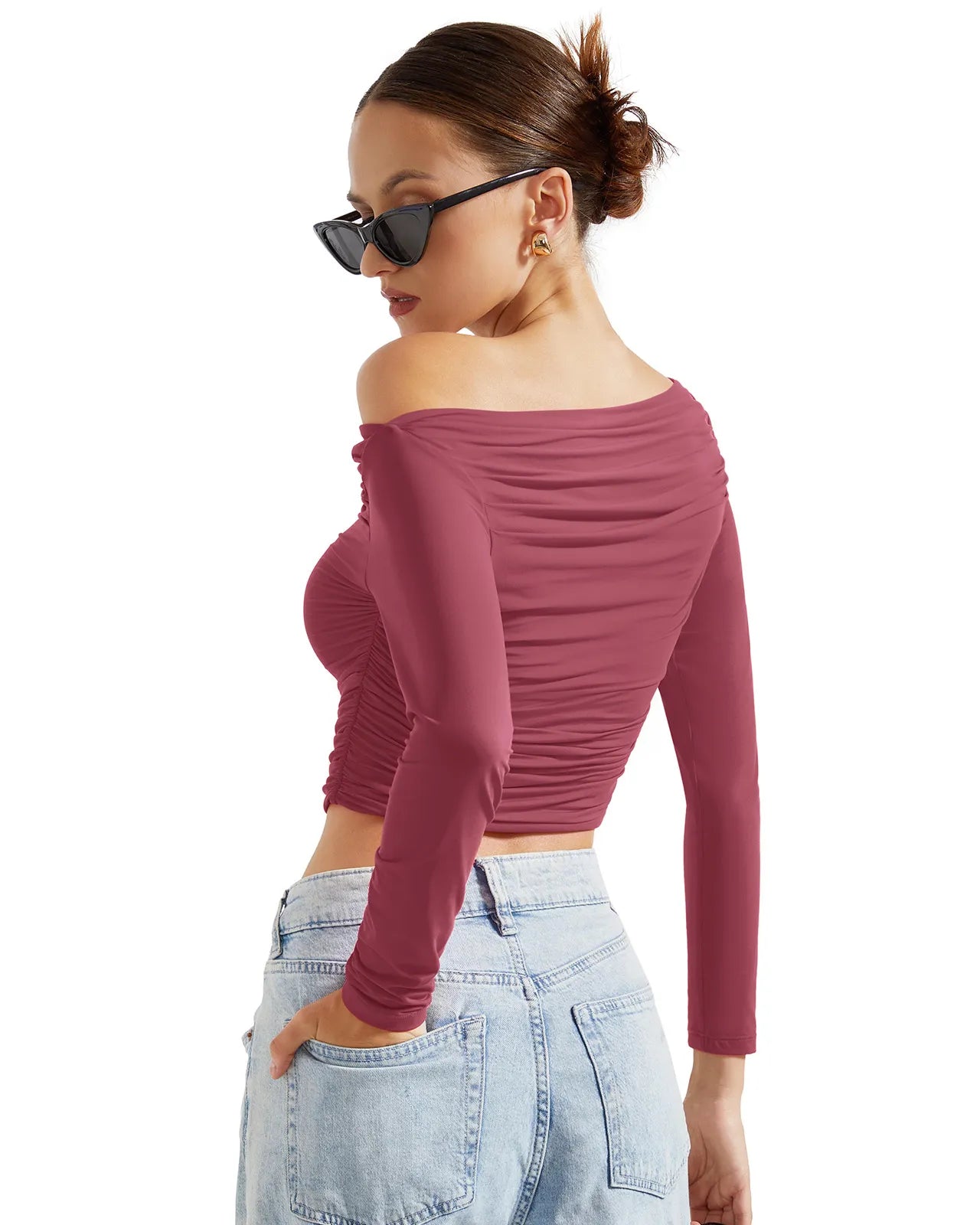 Buttery Soft Ruched Off Shoulder Shirt - Long Sleeve