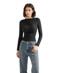 Buttery Soft Ruched Neck Shirt - Long Sleeve-SUUKSESS-Black-XS-SUUKSESS