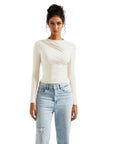 Buttery Soft Ruched Neck Shirt - Long Sleeve-SUUKSESS-White-XS-SUUKSESS