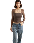 Mesh Sleeve Square Neck Shirt - Long Sleeve-Clothing-SUUKSESS-Brown-XS-SUUKSESS