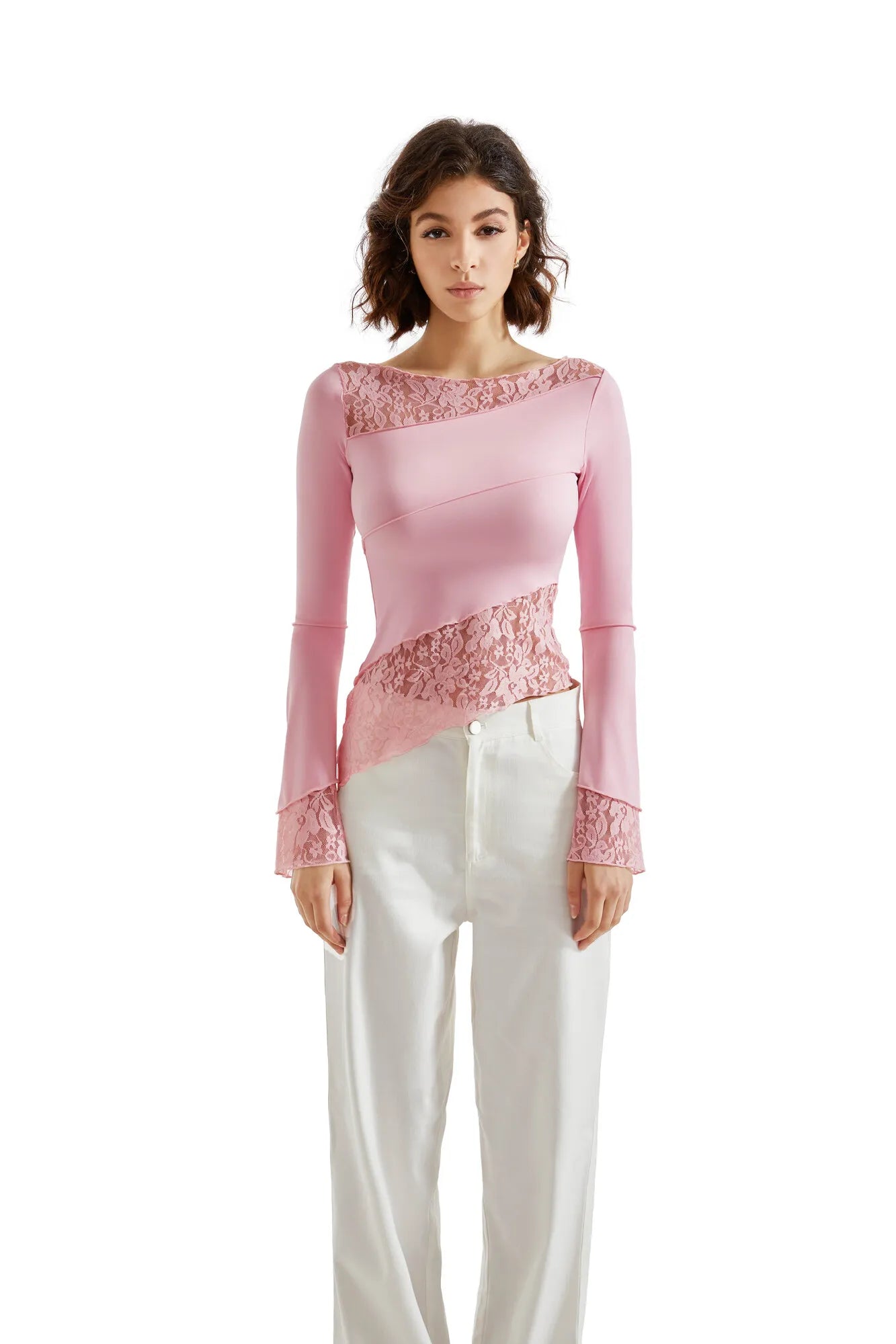 Mesh Lace Crew Neck Shirt - Long Sleeve-Clothing-SUUKSESS-XS-Pink-SUUKSESS