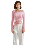 Mesh Lace Crew Neck Shirt - Long Sleeve-Clothing-SUUKSESS-XS-Pink-SUUKSESS