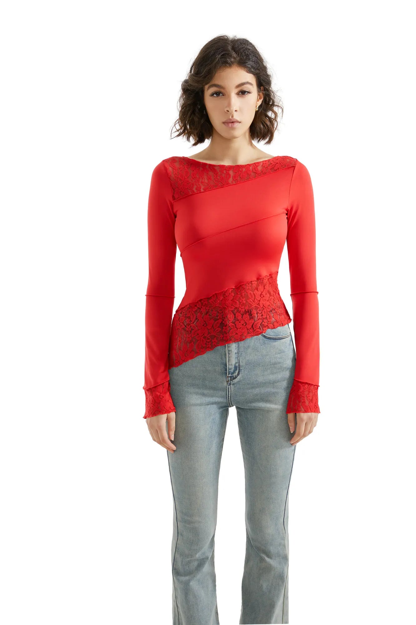 Mesh Lace Crew Neck Shirt - Long Sleeve-Clothing-SUUKSESS-XS-Red-SUUKSESS