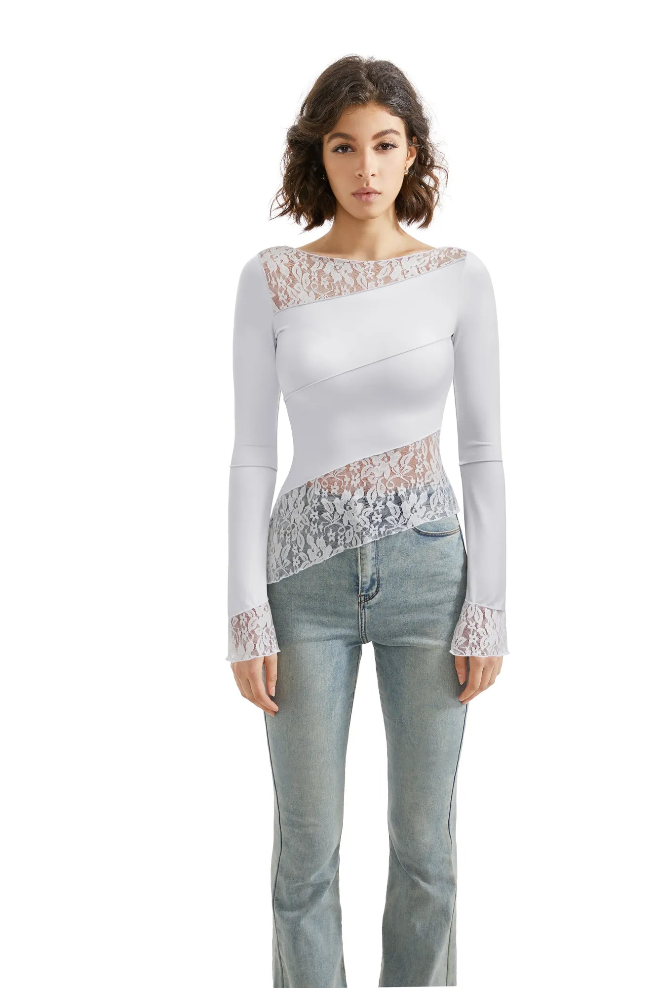 Mesh Lace Crew Neck Shirt - Long Sleeve-Clothing-SUUKSESS-XS-White-SUUKSESS