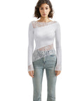 Mesh Lace Crew Neck Shirt - Long Sleeve-Clothing-SUUKSESS-XS-White-SUUKSESS