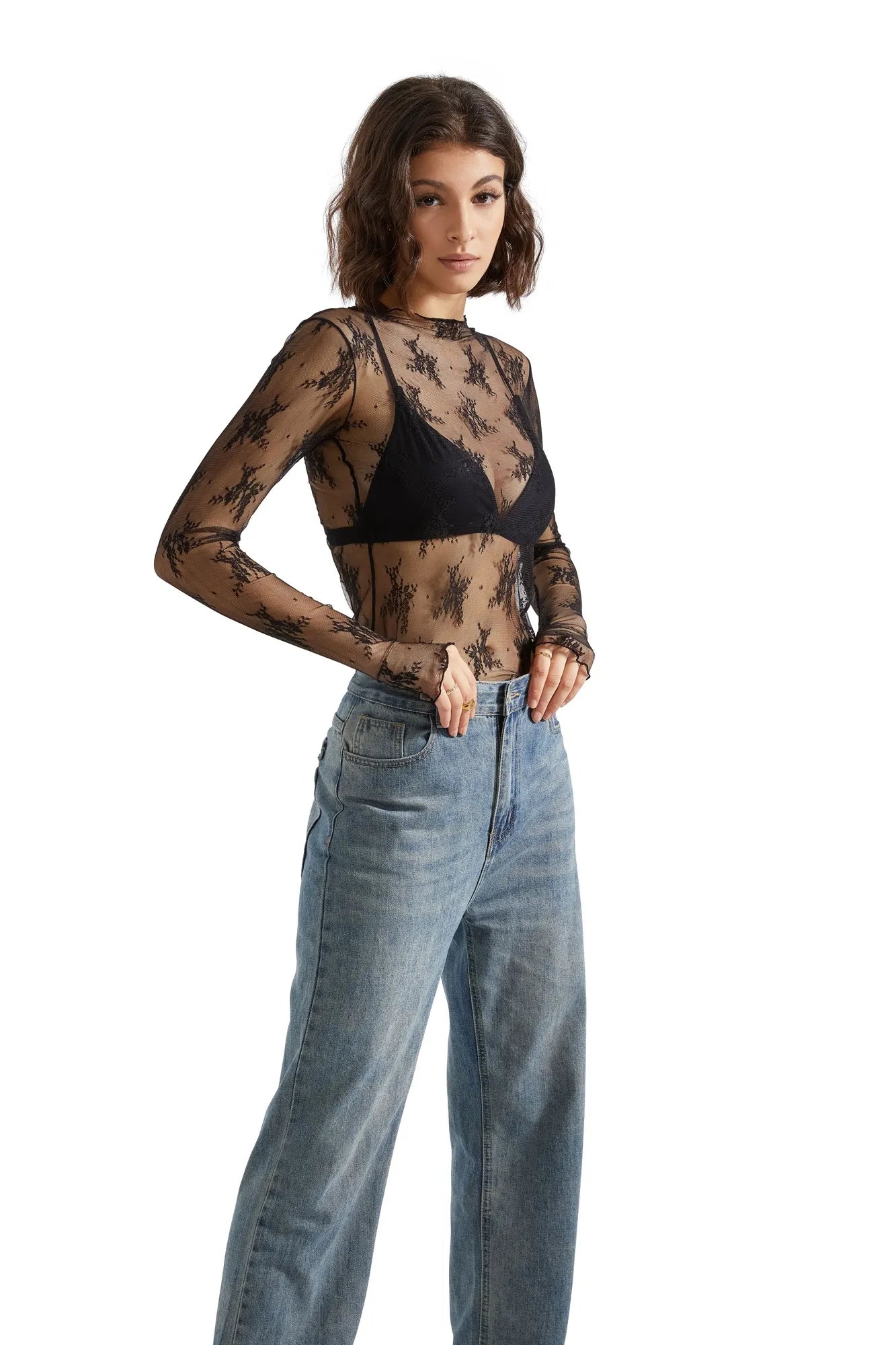 Mesh Lace Mock Neck Shirt - Long Sleeve-Clothing-SUUKSESS-SUUKSESS