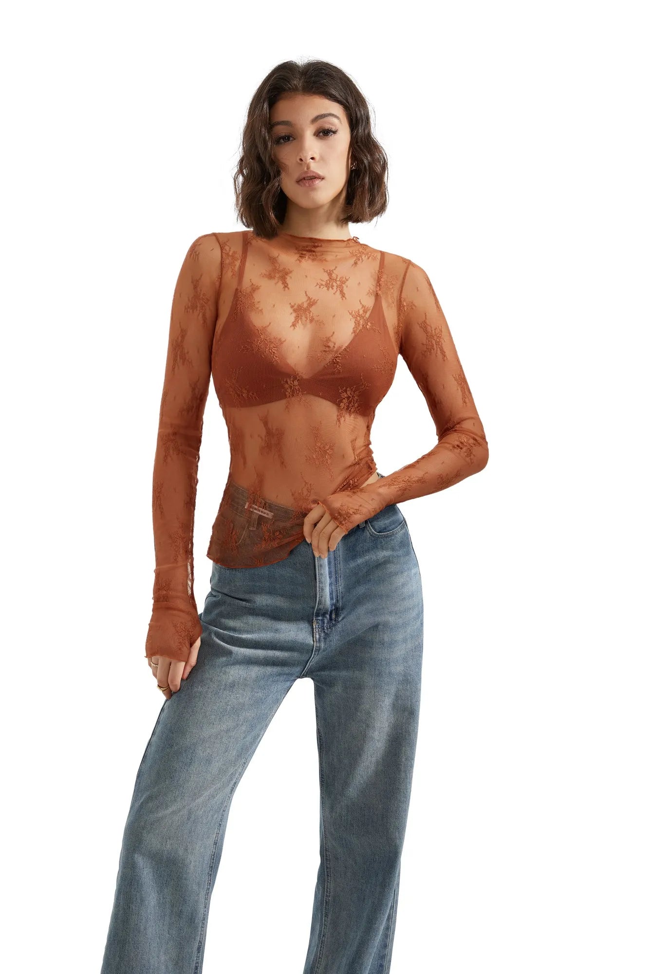 Mesh Lace Mock Neck Shirt - Long Sleeve-Clothing-SUUKSESS-SUUKSESS