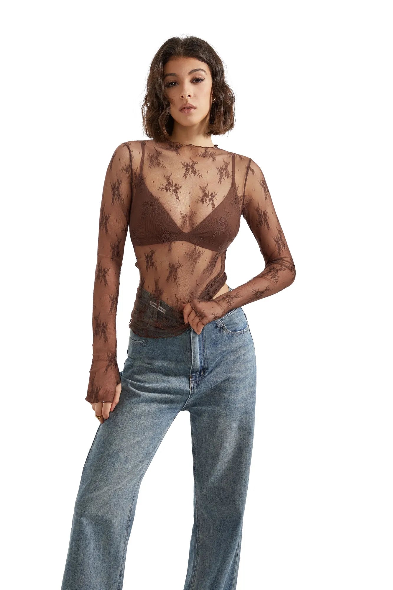 Mesh Lace Mock Neck Shirt - Long Sleeve-Clothing-SUUKSESS-Chocolate-S-SUUKSESS