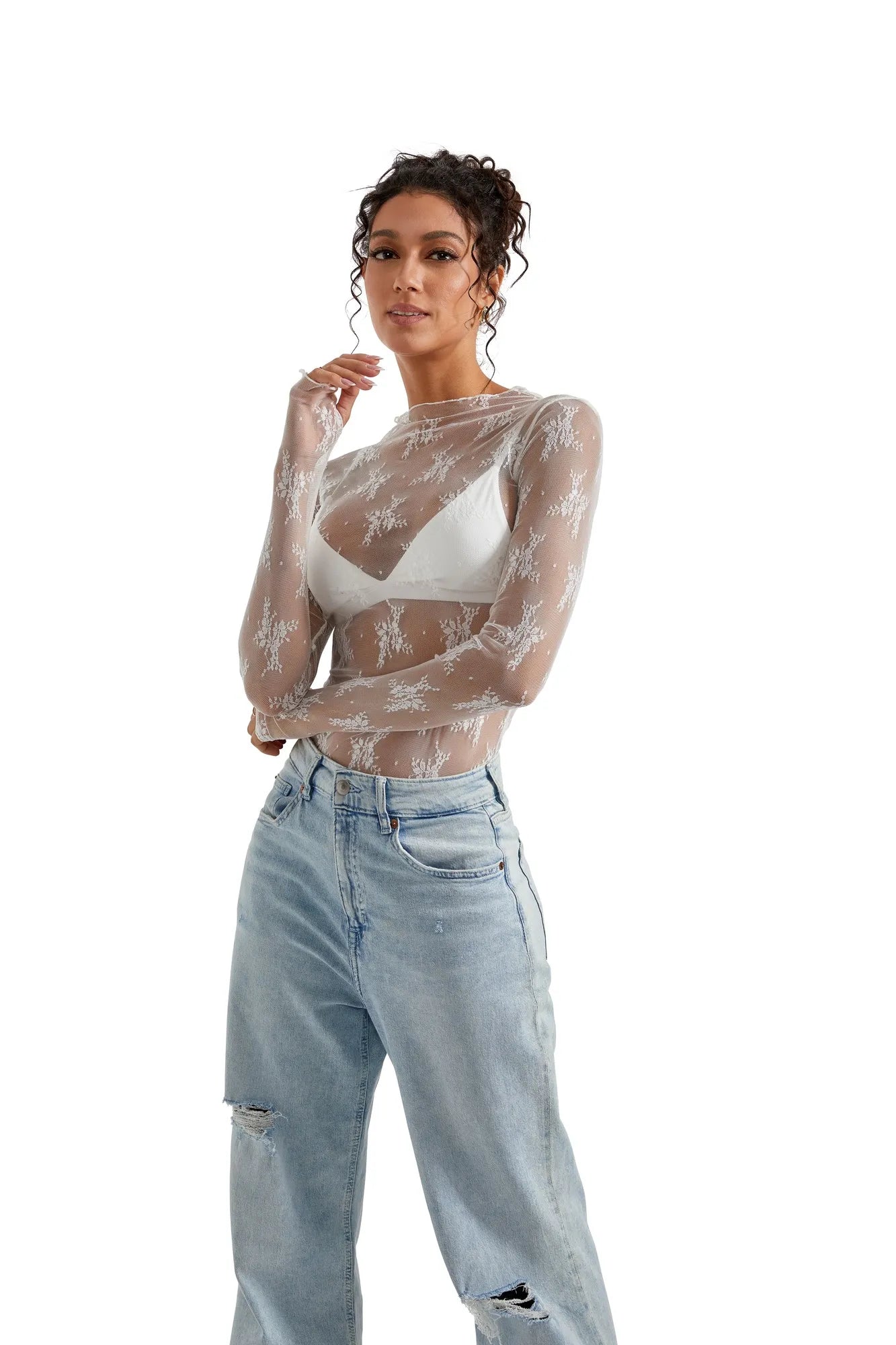 Mesh Lace Mock Neck Shirt - Long Sleeve-Clothing-SUUKSESS-SUUKSESS