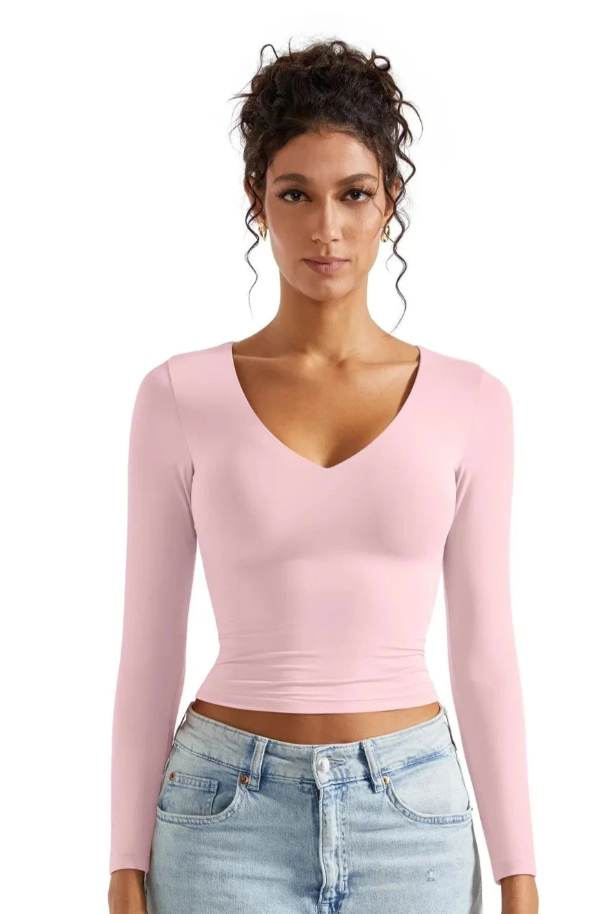 Buttery Soft V Neck Shirt - Long Sleeve-SUUKSESS-Pink-XS-SUUKSESS