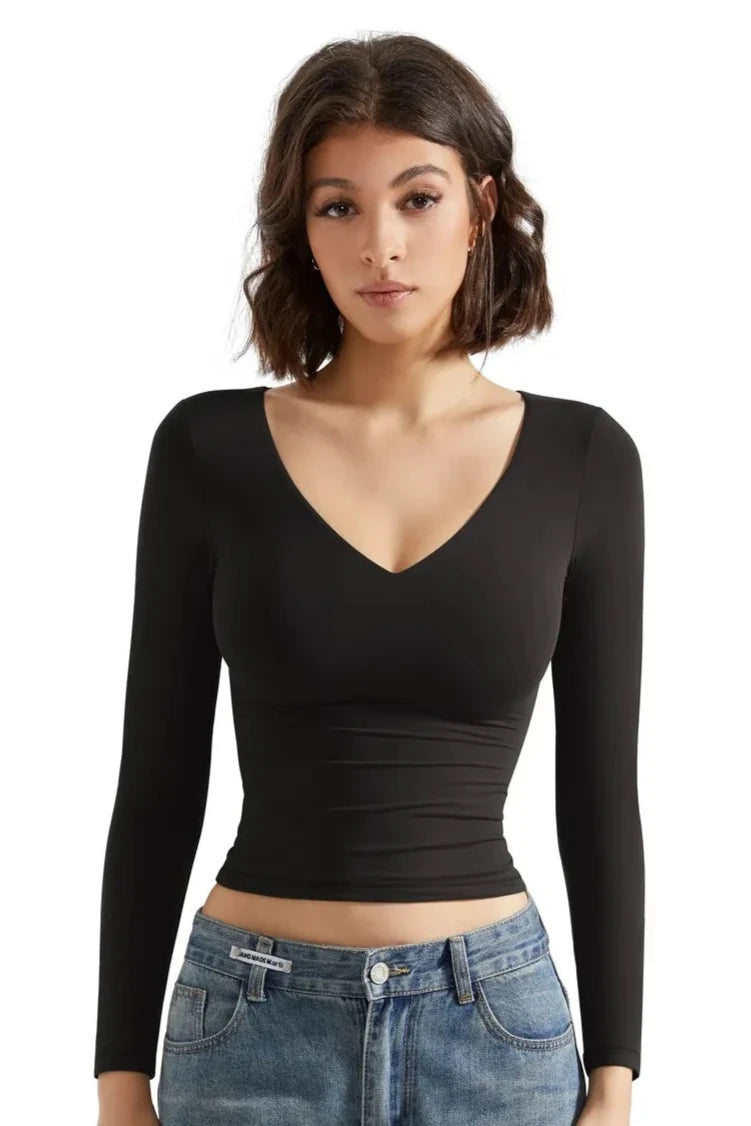 Buttery Soft V Neck Shirt - Long Sleeve-SUUKSESS-Black-XS-SUUKSESS