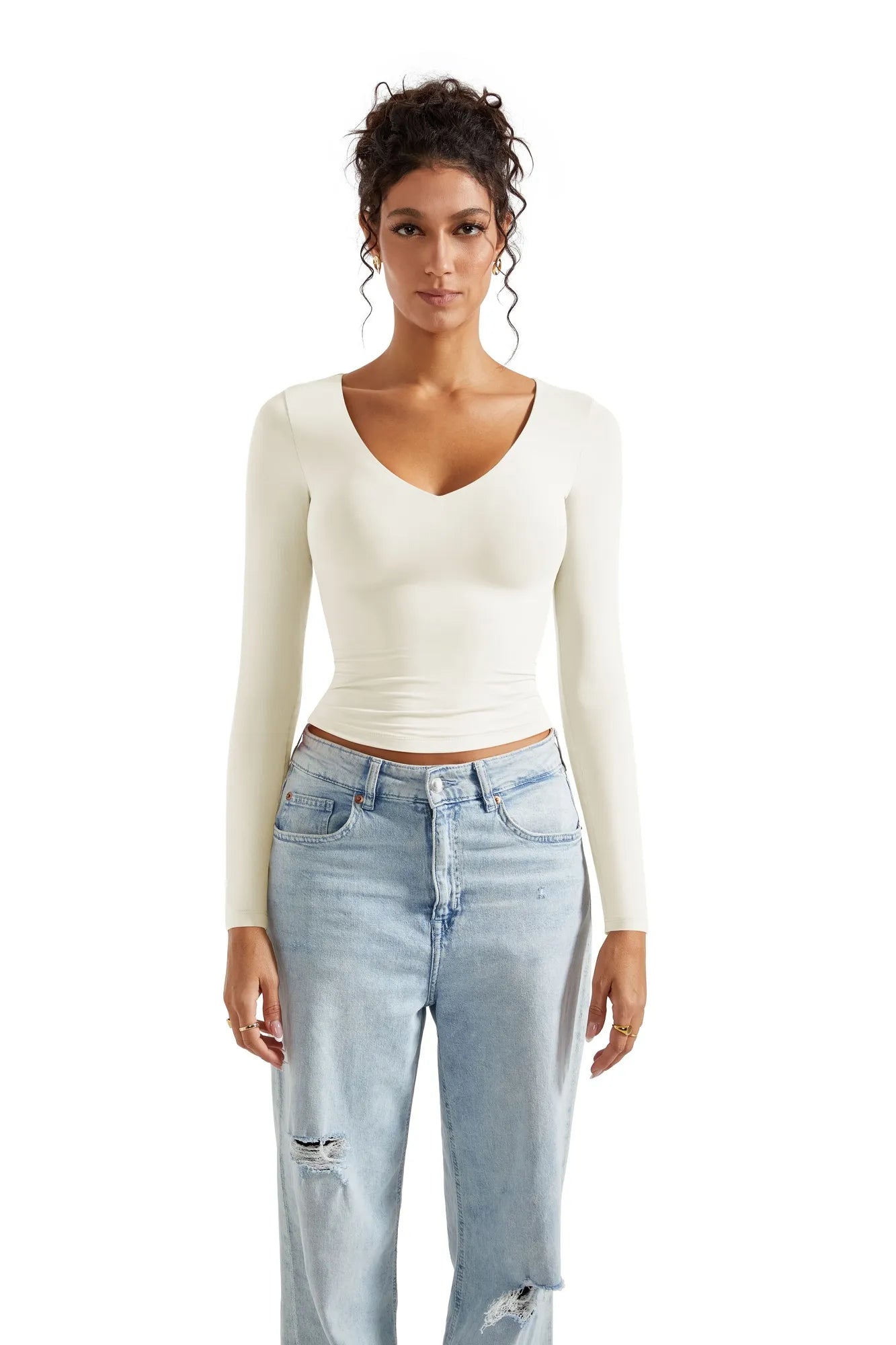 Buttery Soft V Neck Shirt - Long Sleeve-SUUKSESS-White-XS-SUUKSESS