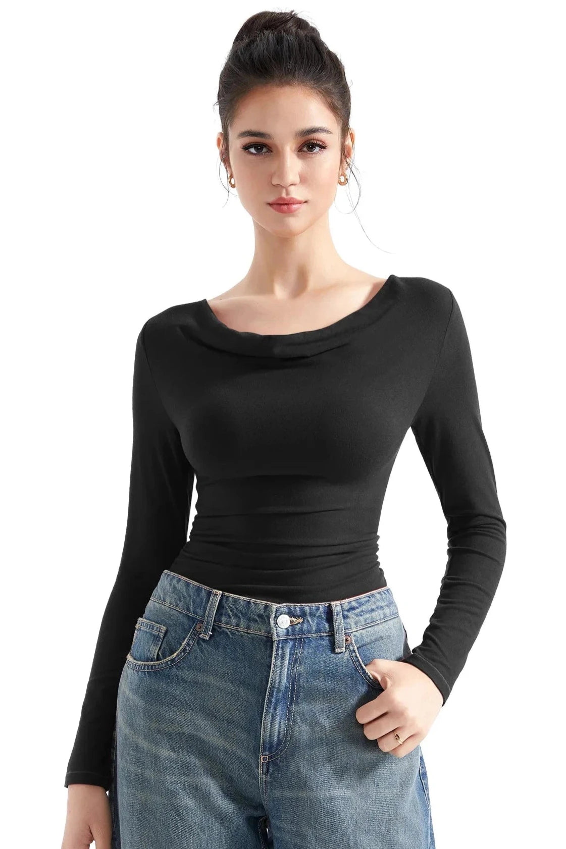 Off Shoulder Cowl Neck Shirt - Long Sleeve-Clothing-SUUKSESS-Black-XS-SUUKSESS