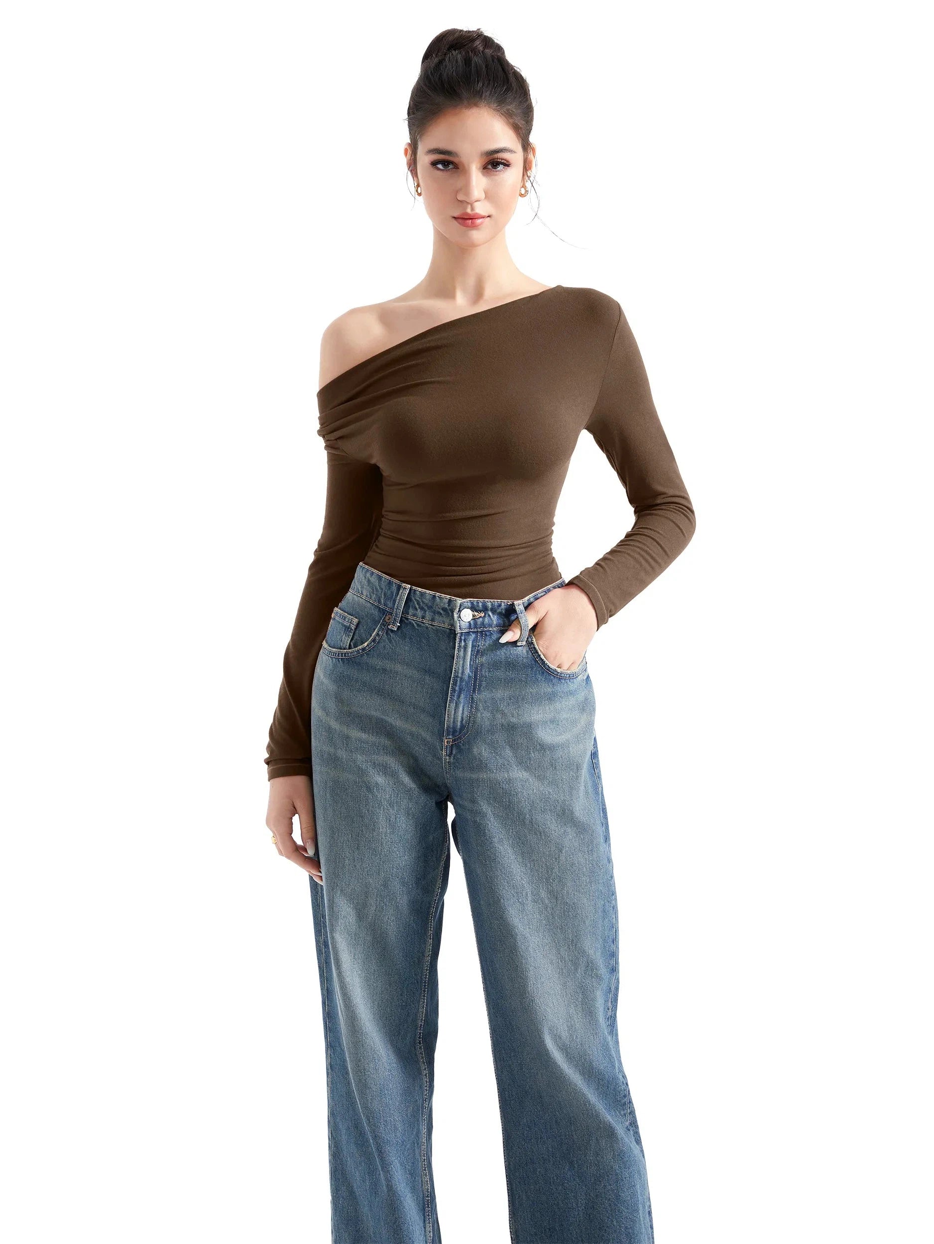 Off Shoulder Cowl Neck Shirt - Long Sleeve-Clothing-SUUKSESS-Brown-XS-SUUKSESS