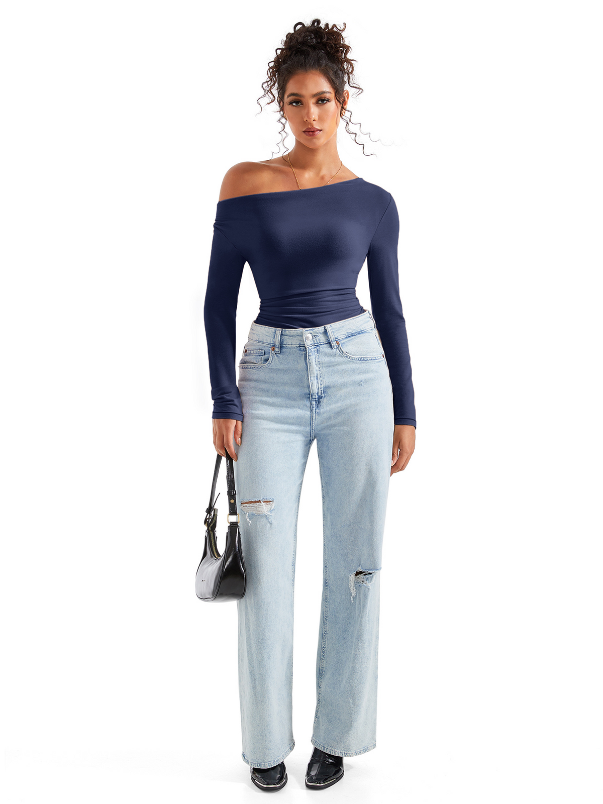 Off Shoulder Cowl Neck Shirt - Long Sleeve
