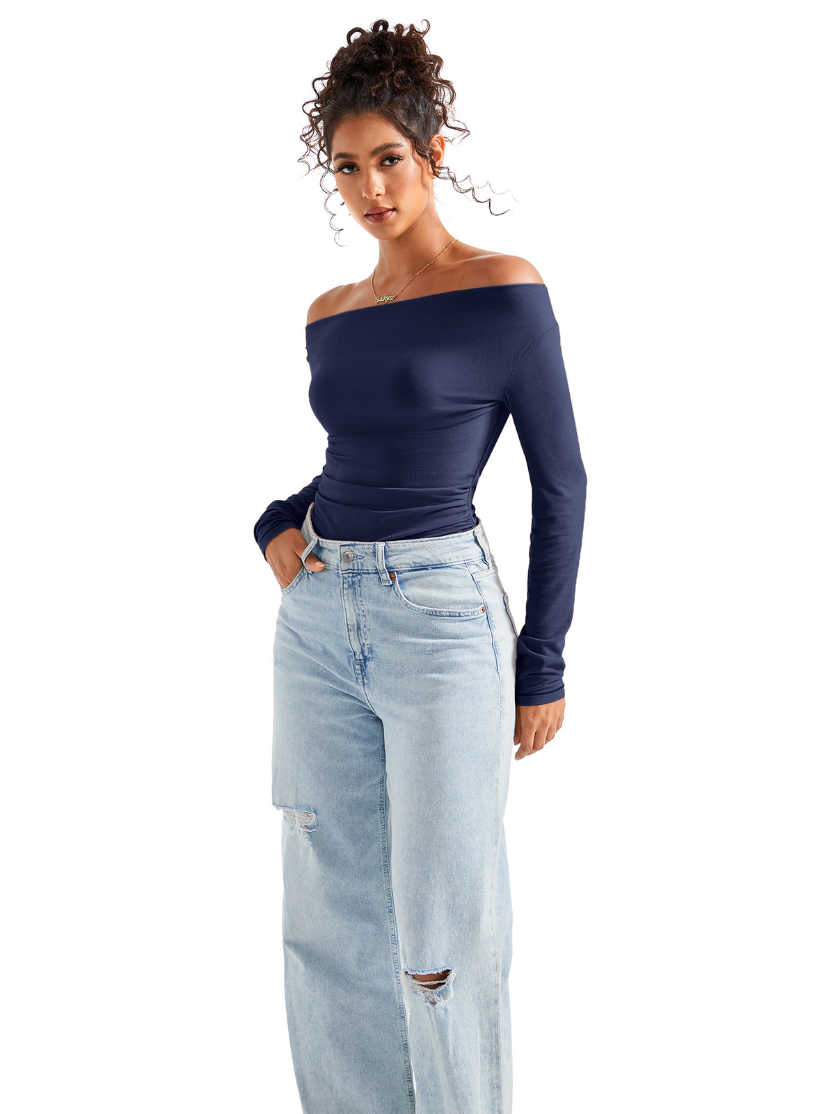 Off Shoulder Cowl Neck Shirt - Long Sleeve