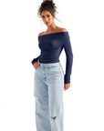 Off Shoulder Cowl Neck Shirt - Long Sleeve