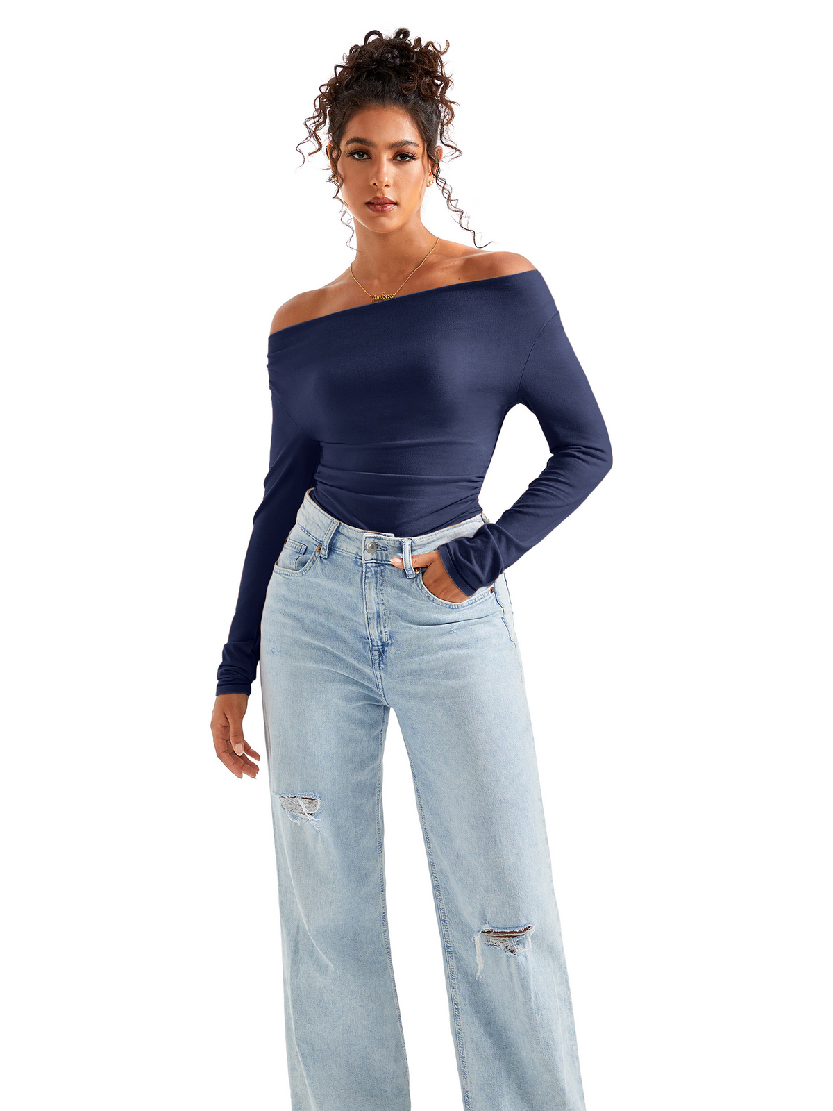 Off Shoulder Cowl Neck Shirt - Long Sleeve