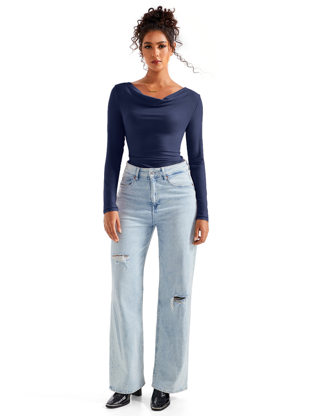 Off Shoulder Cowl Neck Shirt - Long Sleeve