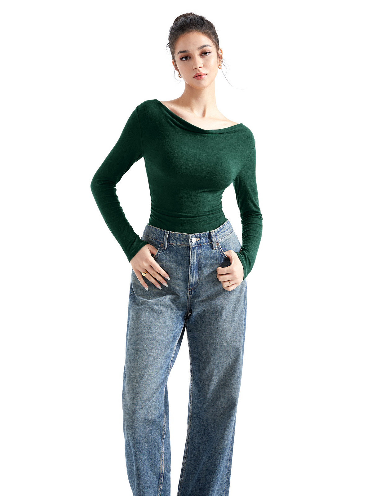 Off Shoulder Cowl Neck Shirt - Long Sleeve