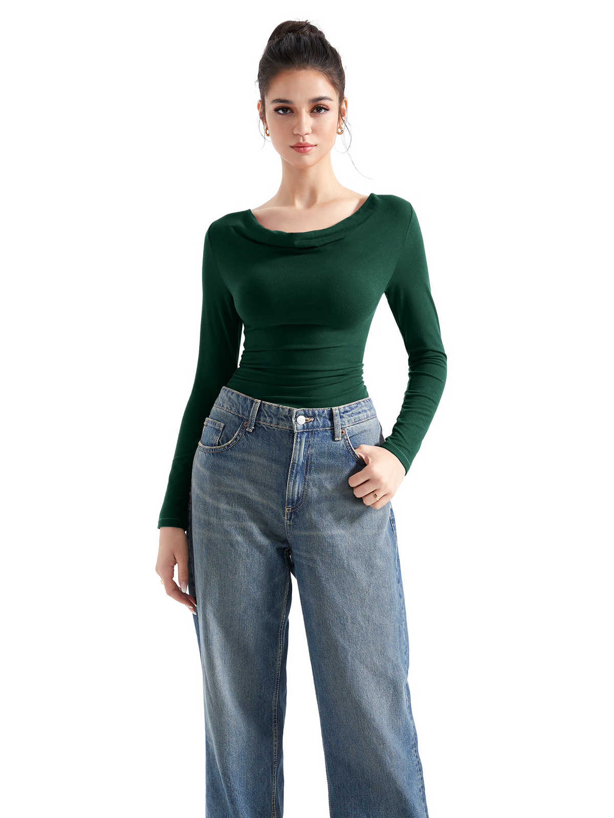Off Shoulder Cowl Neck Shirt - Long Sleeve