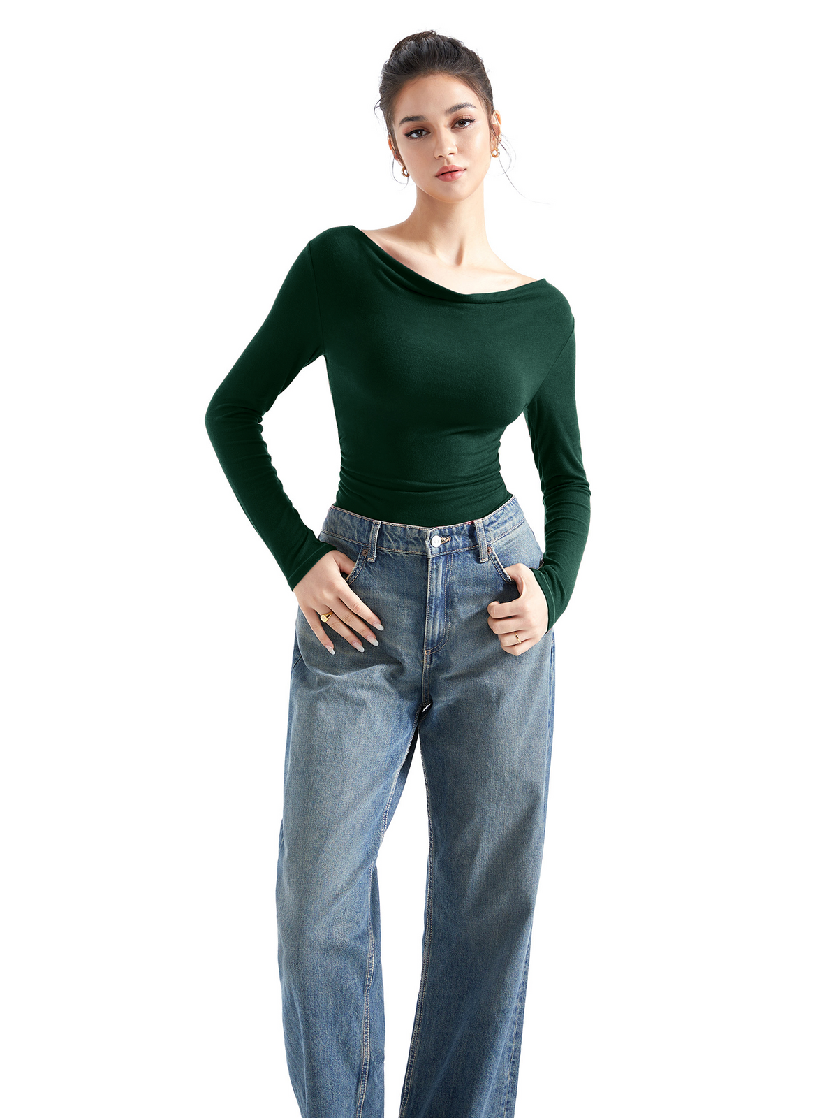 Off Shoulder Cowl Neck Shirt - Long Sleeve