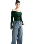 Off Shoulder Cowl Neck Shirt - Long Sleeve