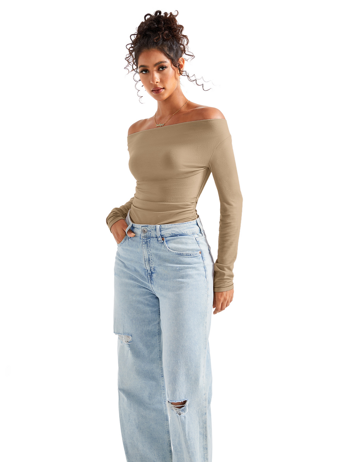 Off Shoulder Cowl Neck Shirt - Long Sleeve