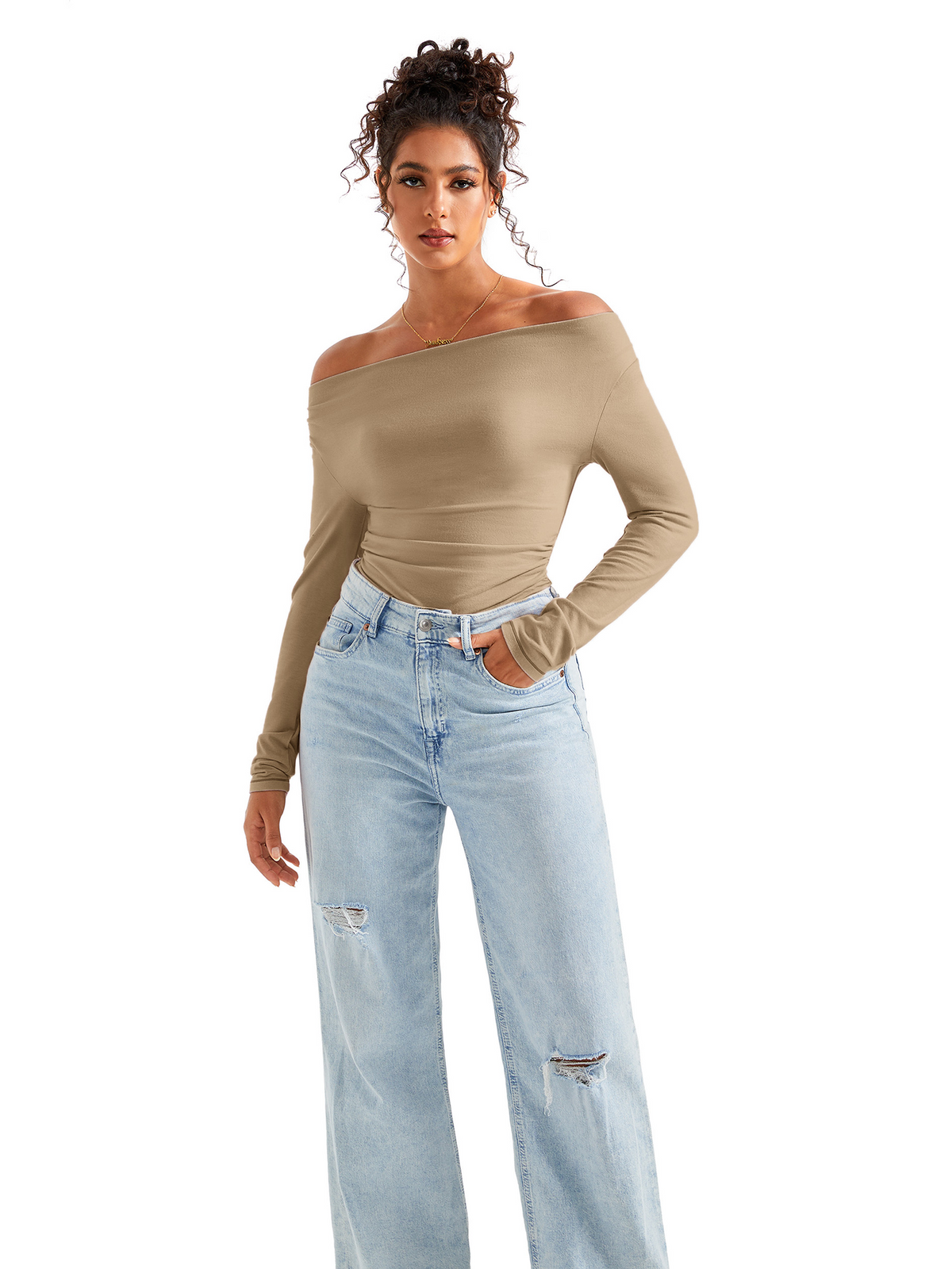Off Shoulder Cowl Neck Shirt - Long Sleeve