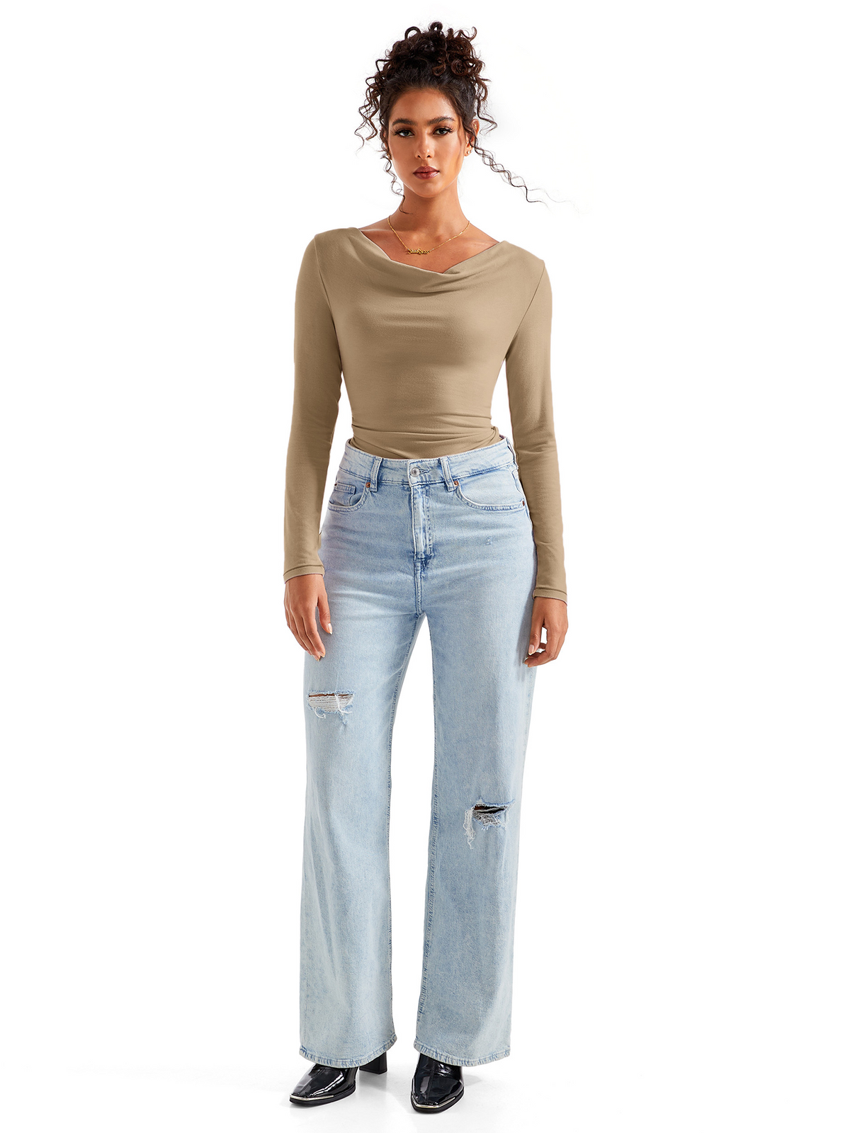 Off Shoulder Cowl Neck Shirt - Long Sleeve