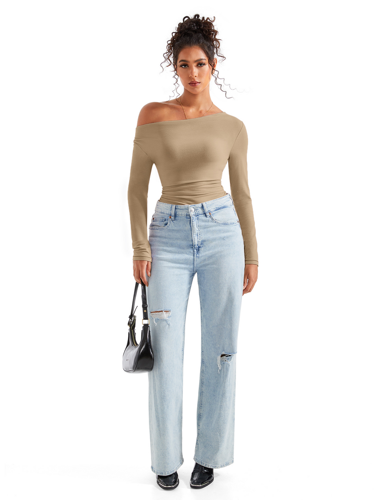 Off Shoulder Cowl Neck Shirt - Long Sleeve