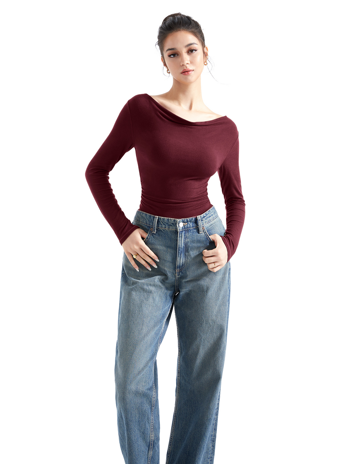 Off Shoulder Cowl Neck Shirt - Long Sleeve
