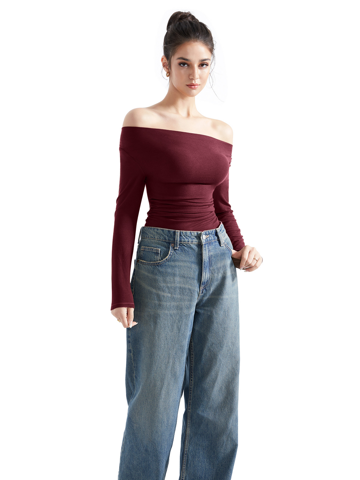 Off Shoulder Cowl Neck Shirt - Long Sleeve